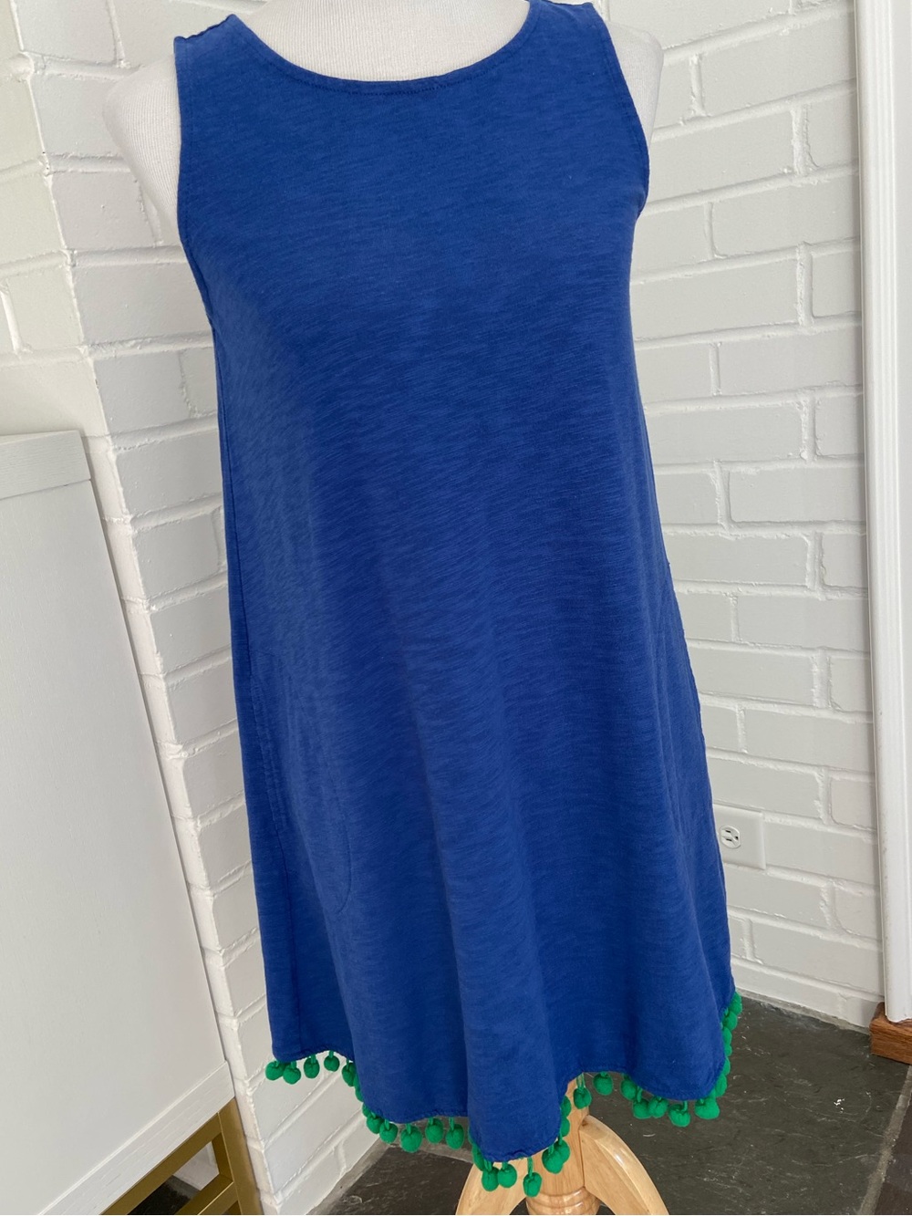 Womens Sleeveless Royal Blue Summer  Dress With Kelly green Pom Trim Size